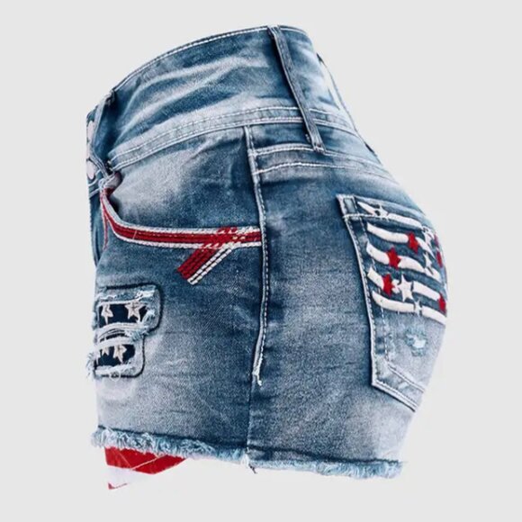 FLAMINGALS American Flag Patched Button Fly Cut Out Denim Shorts XL BNWT - Picture 4 of 8